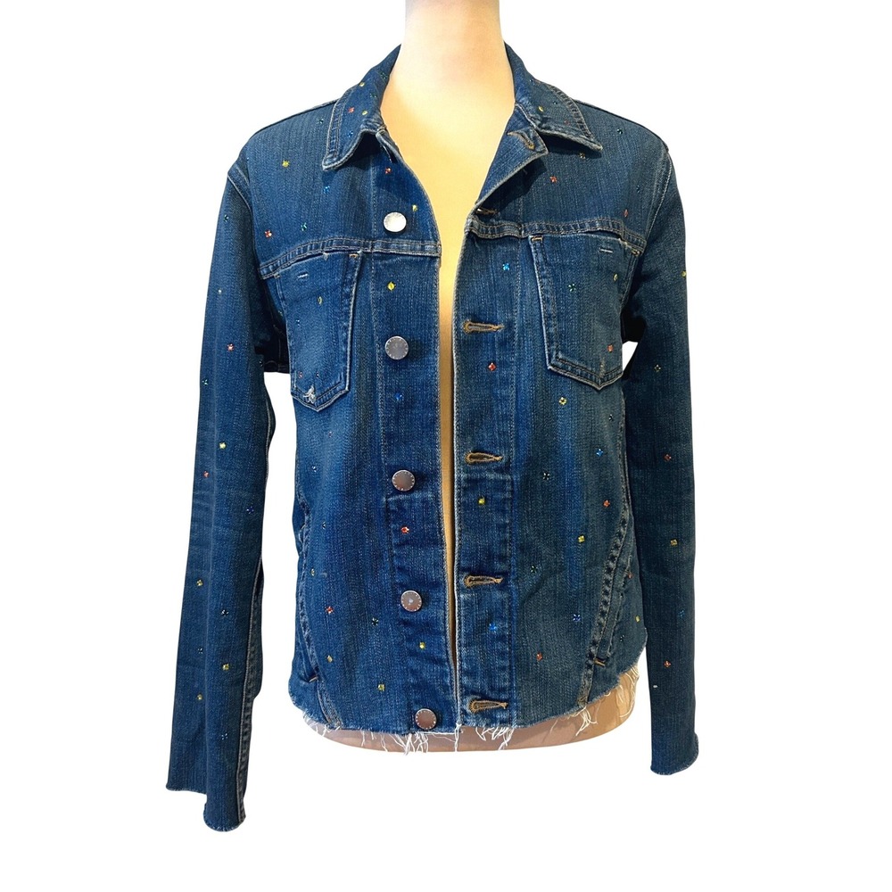 L'AGENCE Janelle Slim Denim Jacket Sz M Blue Rhinestone Embellished Raw Hem Y2K